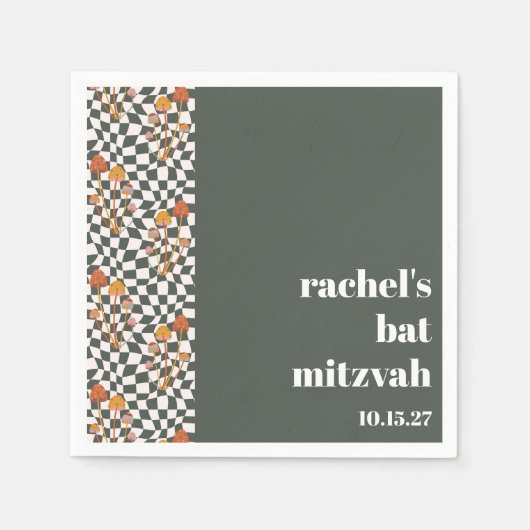 Groovy Retro Green Mushrooms Custom Bat Mitzvah Serviette (Vorderseite)