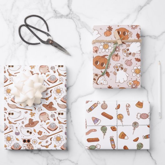 Groovy Retro Halloween Neutrale Farben Kinder Geschenkpapier Set (Vorderseite)