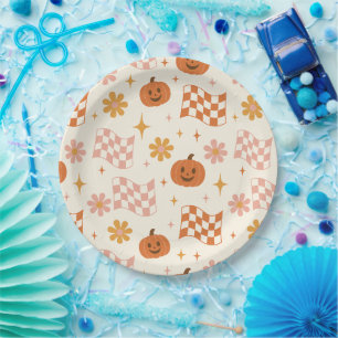 Groovy Retro Halloween Schachbrettmuster Papier Te Pappteller