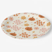 Groovy Retro Halloween Schachbrettmuster Papier Te Pappteller (Schrägansicht)
