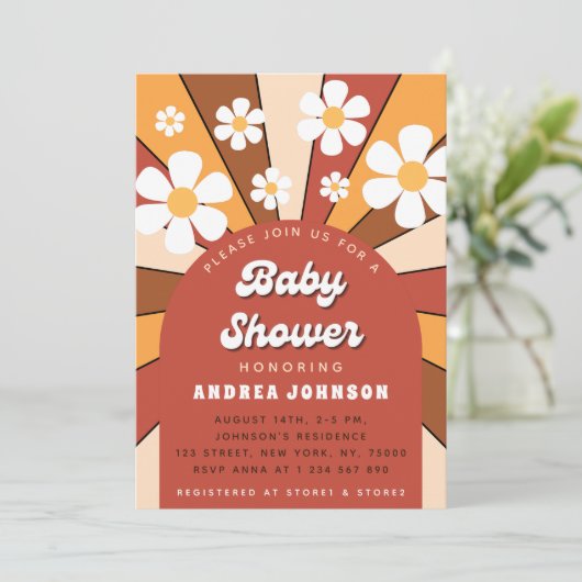 Groovy Retro Hippie Arch 70er 60er Daisy Baby Show Einladung (Stehend Vorderseite)