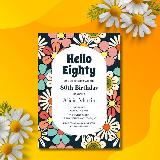 Groovy Retro Hippie Blume Hallo 80 Geburtstag Einladung