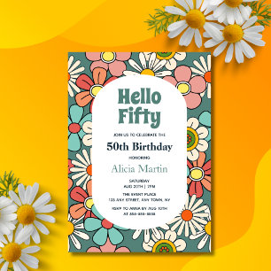 Groovy Retro Hippie Blumen Hallo Fünfzigster Gebur Einladung