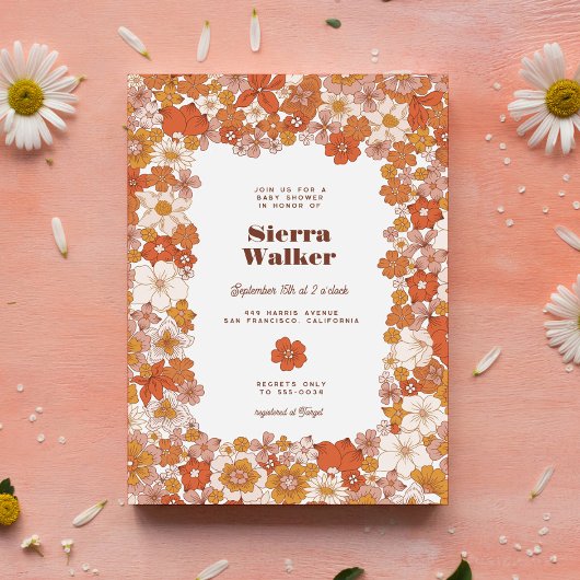 Groovy Retro Hippie Floral Pink Orange Babydusche Einladung