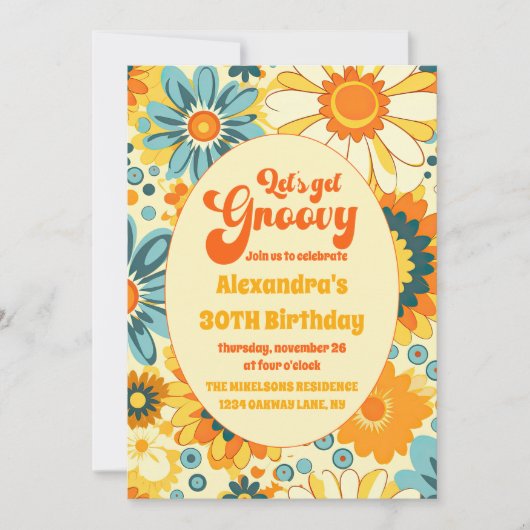 Groovy Retro Hippie Floral Yellow Orange Geburtsta Einladung (Vorderseite)