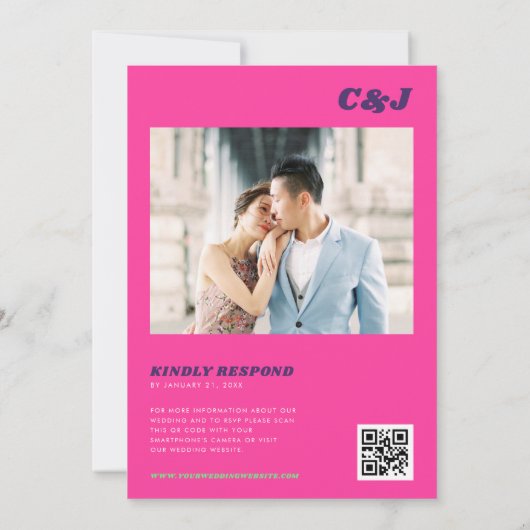 Groovy Retro Hot Pink Ampersand QR Code Wedding Einladung (Rückseite)