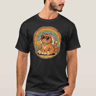 Groovy Retro-Katze Regenbogen-Friedenszeichen T-Shirt