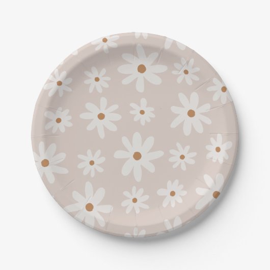 Groovy Retro Light Brown Daisy Floral Pappteller (Vorderseite)