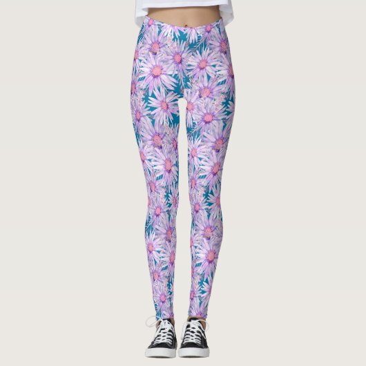 Groovy Retro Lila Daisy Pattern Leggings (Vorderseite)