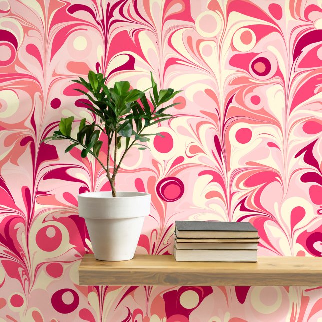 Groovy Retro Marbled Pink Tapete (Fun retro marbled pink peel and stick art wallpaper)
