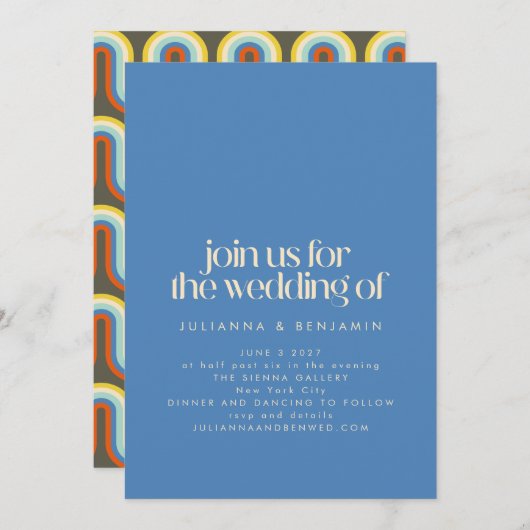 Groovy Retro Mod 70er Blue und Olive Green Wedding Einladung (Vorne/Hinten)