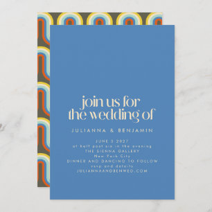 Groovy Retro Mod 70er Blue und Olive Green Wedding Einladung