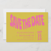 Groovy Retro Mod Einzigartiges rosa Gelbes Foto Save The Date (Vorderseite)