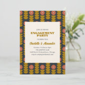Groovy Retro Navy Blue Botanical Engagement Party Einladung (Stehend Vorderseite)