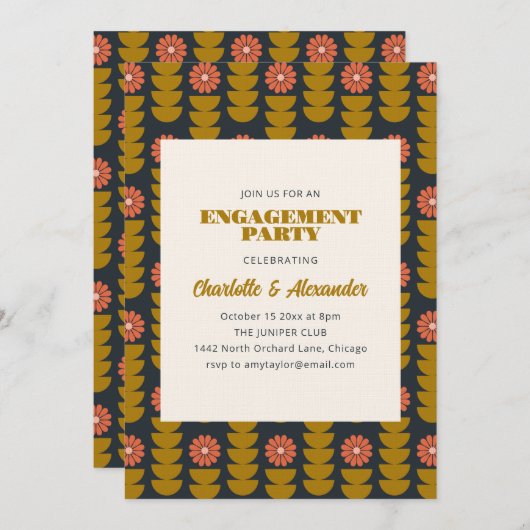 Groovy Retro Navy Blue Botanical Engagement Party Einladung (Vorne/Hinten)