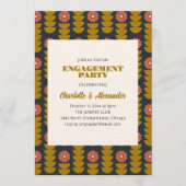 Groovy Retro Navy Blue Botanical Engagement Party Einladung (Vorderseite)