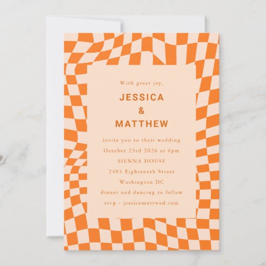 Groovy Retro Orange Abstrakte Schachbretterhochzei Einladung (Vorderseite)