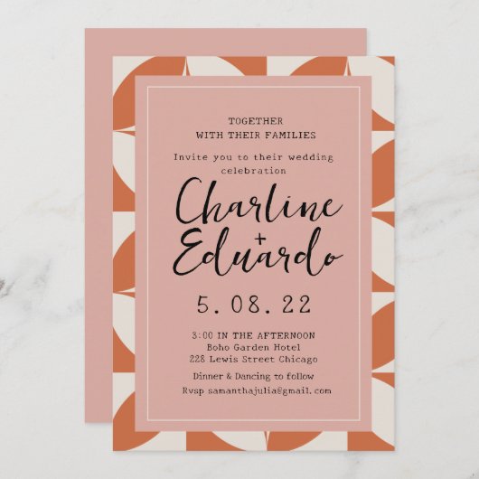 Groovy Retro Orange Beige Handwritting Wedding Einladung (Vorne/Hinten)