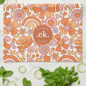 Groovy Retro Orange Blumenmonogramm Geschirrtuch (Gefaltet)