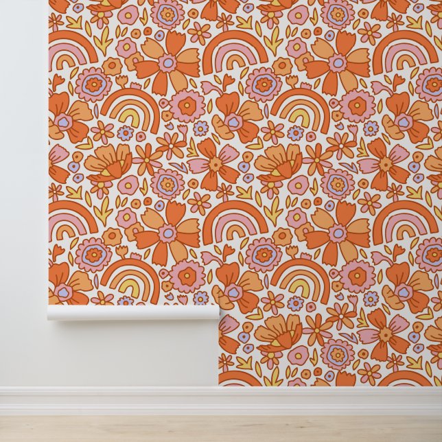 Groovy Retro Orange Blumenmuster Tapete (Anwendung)