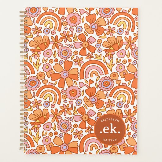 Groovy Retro Orange Florale Monogramm Planer (Vorderseite)