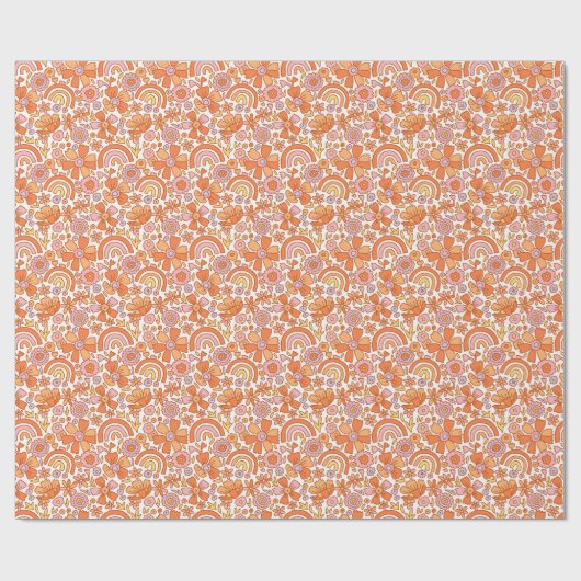 Groovy Retro Orange Florals Geschenkpapier (Flach)