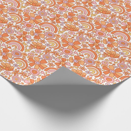 Groovy Retro Orange Florals Geschenkpapier (Ecke)