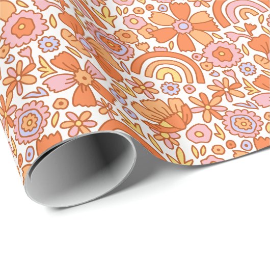 Groovy Retro Orange Florals Geschenkpapier (Rolleneckpunkt)