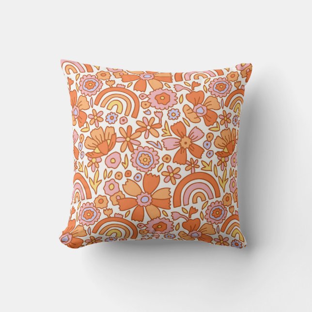 Groovy Retro Orange Florals Kissen (Vorderseite)