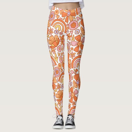 Groovy Retro Orange Florals Leggings (Vorderseite)