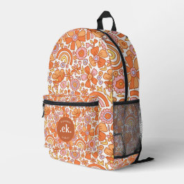 Groovy Retro Orange Florals Monogram Bedruckter Rucksack