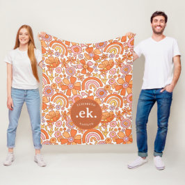 Groovy Retro Orange Florals Monogram Fleecedecke