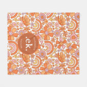 Groovy Retro Orange Florals Monogram Fleecedecke (Vorderseite (Horizontal))