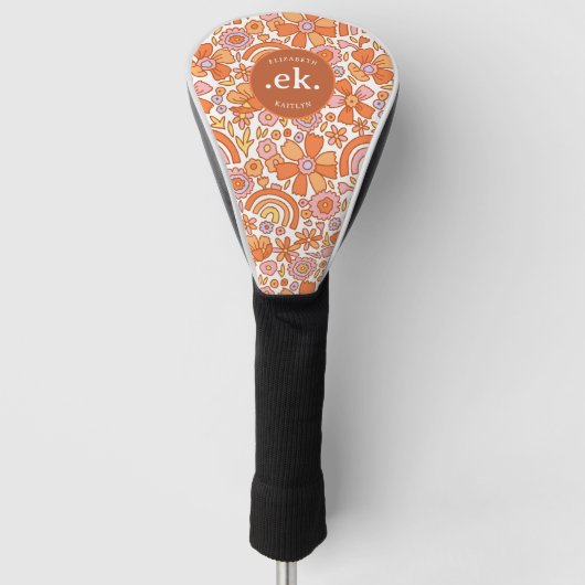 Groovy Retro Orange Florals Monogram Golf Headcover (Vorderseite)