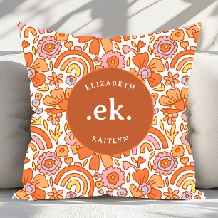 Groovy Retro Orange Florals Monogram Kissen