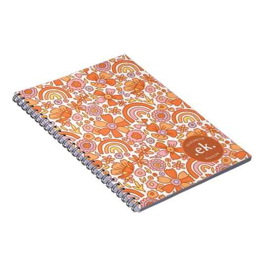 Groovy Retro Orange Florals Monogram Notizblock (Rechte Seite)