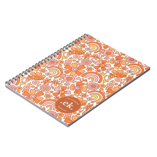 Groovy Retro Orange Florals Monogram Notizblock (Linke Seite)