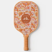 Groovy Retro Orange Florals Monogram Pickleball Schläger (Vorderseite)