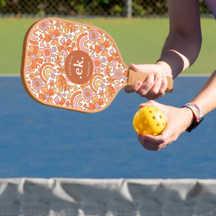 Groovy Retro Orange Florals Monogram Pickleball Schläger