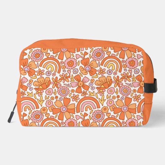 Groovy Retro Orange Florals Monogram Waschbeutel (Rückseite)