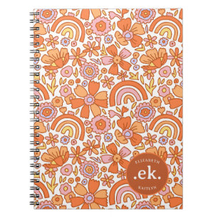 Groovy Retro Orange Florals Monogramm Notizblock