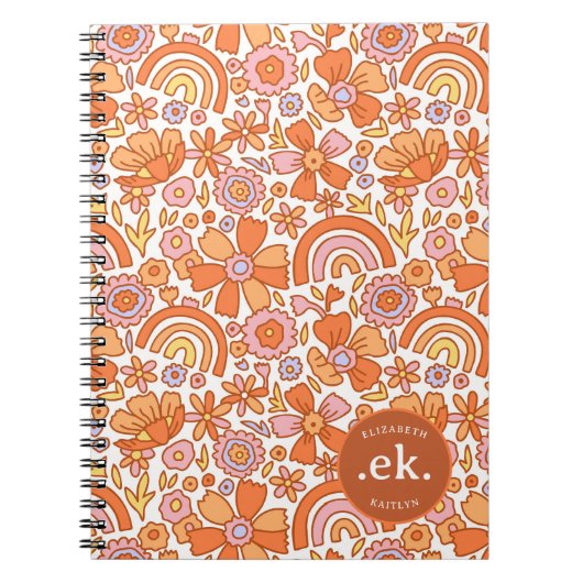 Groovy Retro Orange Florals Monogramm Notizblock (Vorderseite)