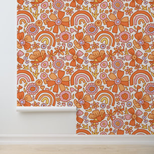 Groovy Retro Orange Florals Tapete
