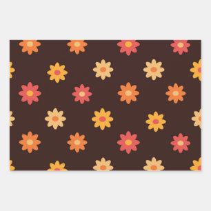 Groovy Retro Orange Gelbe Rote Blumen Geschenkpapier Set