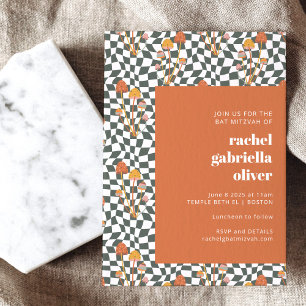 Groovy Retro Orange Green Checkerboard Bat Mitzvah Einladung