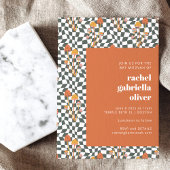 Groovy Retro Orange Green Checkerboard Bat Mitzvah Einladung
