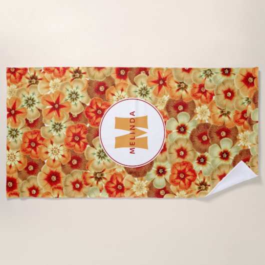 Groovy Retro Orange Hippie Blume Monogramm Strandtuch (Vorderseite)