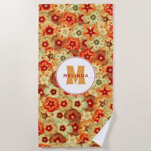 Groovy Retro Orange Hippie Blume Monogramm Strandtuch (Vorderseite)