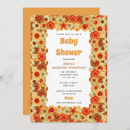 Groovy Retro Orange Hippie Flowers Baby Shower Einladung