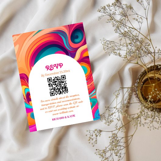 Groovy Retro Orange Pink Funky QR Code UAWG RSVP Karte